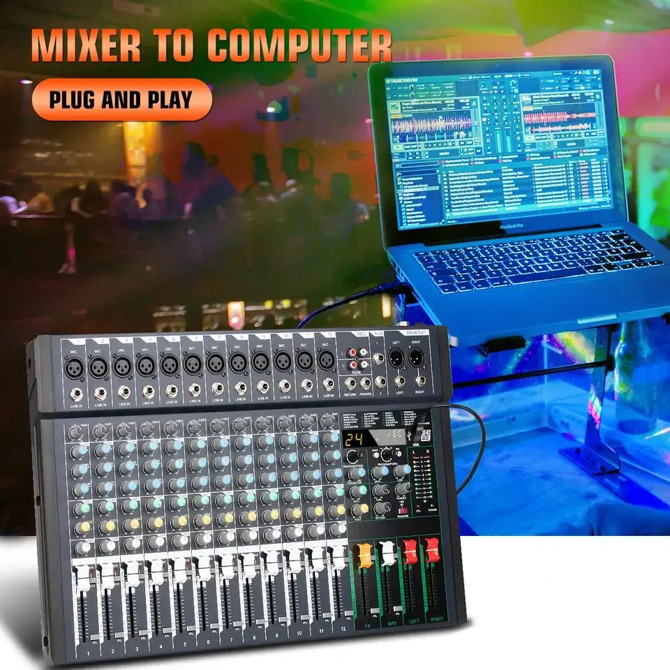 Biner FG12 새로운 디자인 내장 24 리버브 효과, 12 채널 음악 전문 오디오 믹서