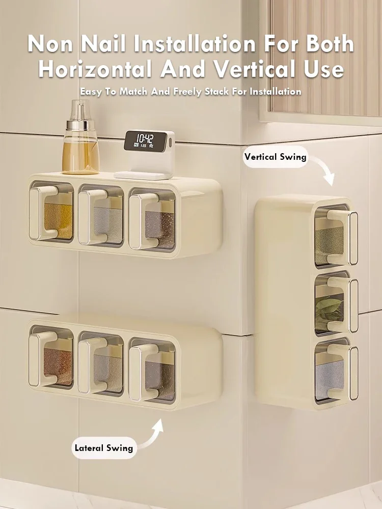 2/3 grid Kitchen Seasoning Storage Box Spice Seasoning Jar with Spoon Wall Mounted Seal Moisture-proof Clear Seasoning Box Sets