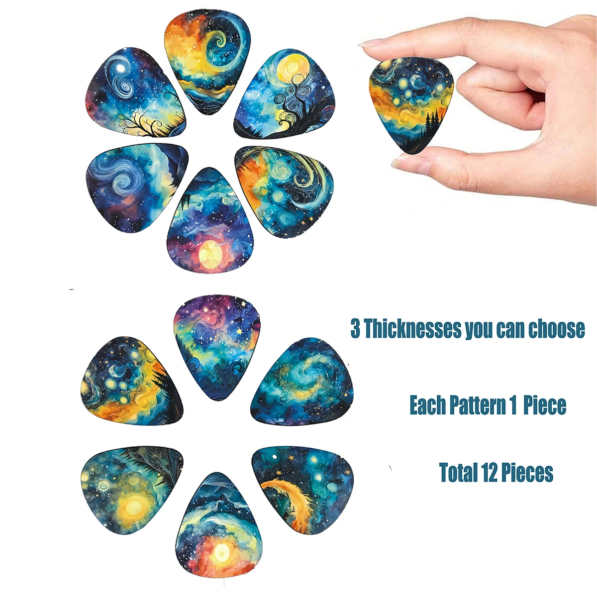12-Piece Guitar Pick Set Unique Pattern Double-Sided Printing Acoustic