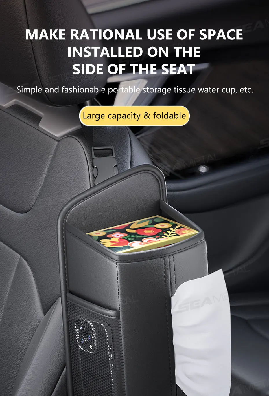 BLALION Leder Auto Sitz Seite Lagerung Tasche Hängen Auto Innen Sitz Organizer Tissue Tasche Wasser Tasse Halter Mesh Lagerung Tasche – Detail 1