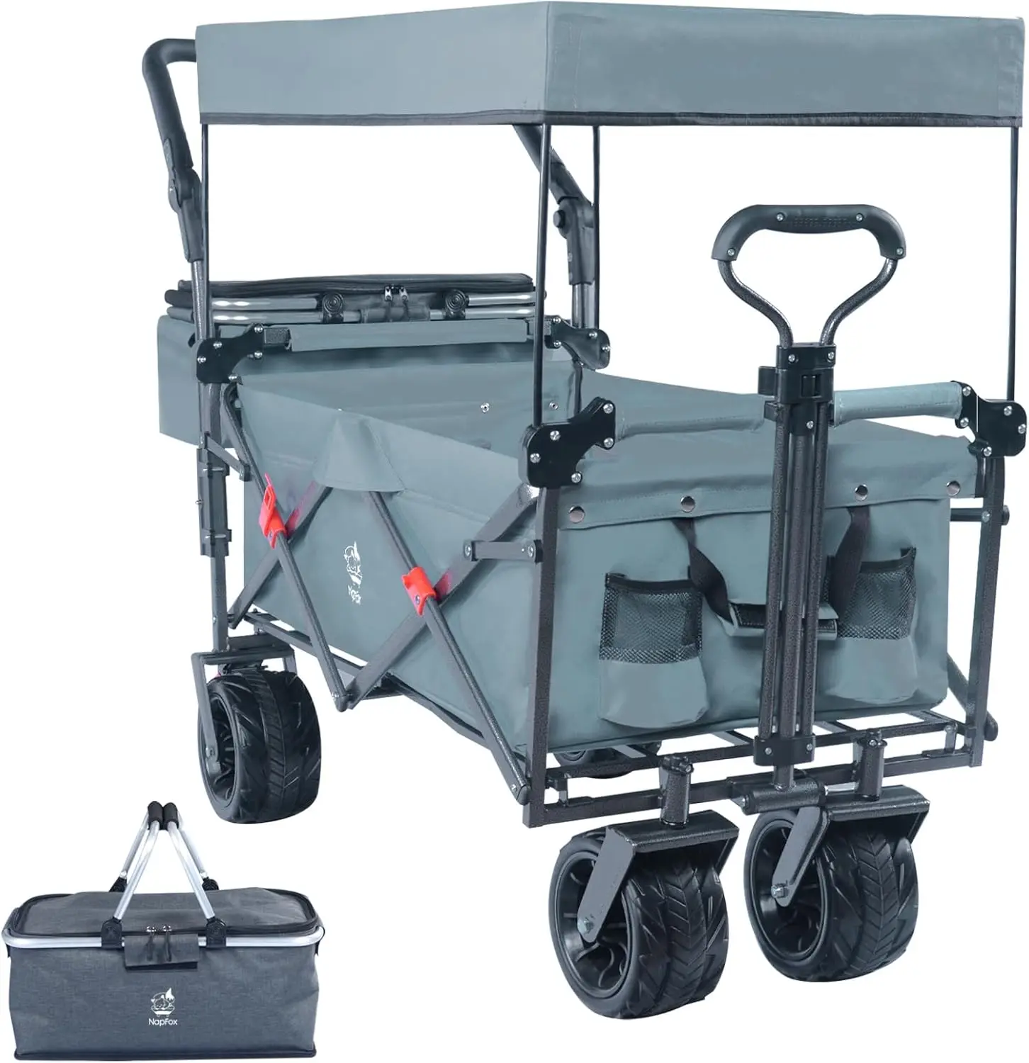 Wagon Heavy Duty Folding Wagon Cart with Removable Canopy, 4" Wide Large All Terrain Wheels, Brake, Adjustable