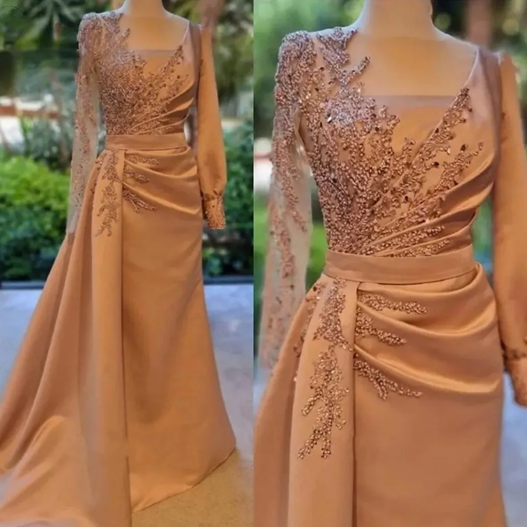 

Dusty Champagne Long Sleeves Prom Dress Floral Satin Evening Party Dress with Side Sweep Train Zipper Back Robe De Soiree