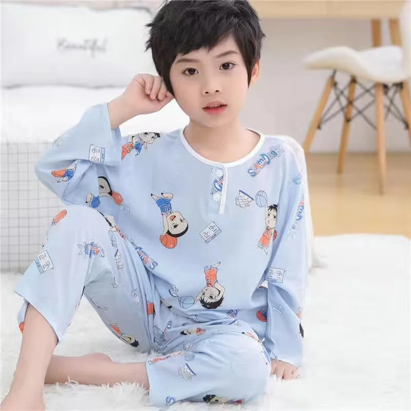 Summer Children's Cotton Silk pajamas Boys And Girls Home Clothes Baby Long-sleeved + Trousers Two-piece Kid's Brethable Suit cute pajama sets	