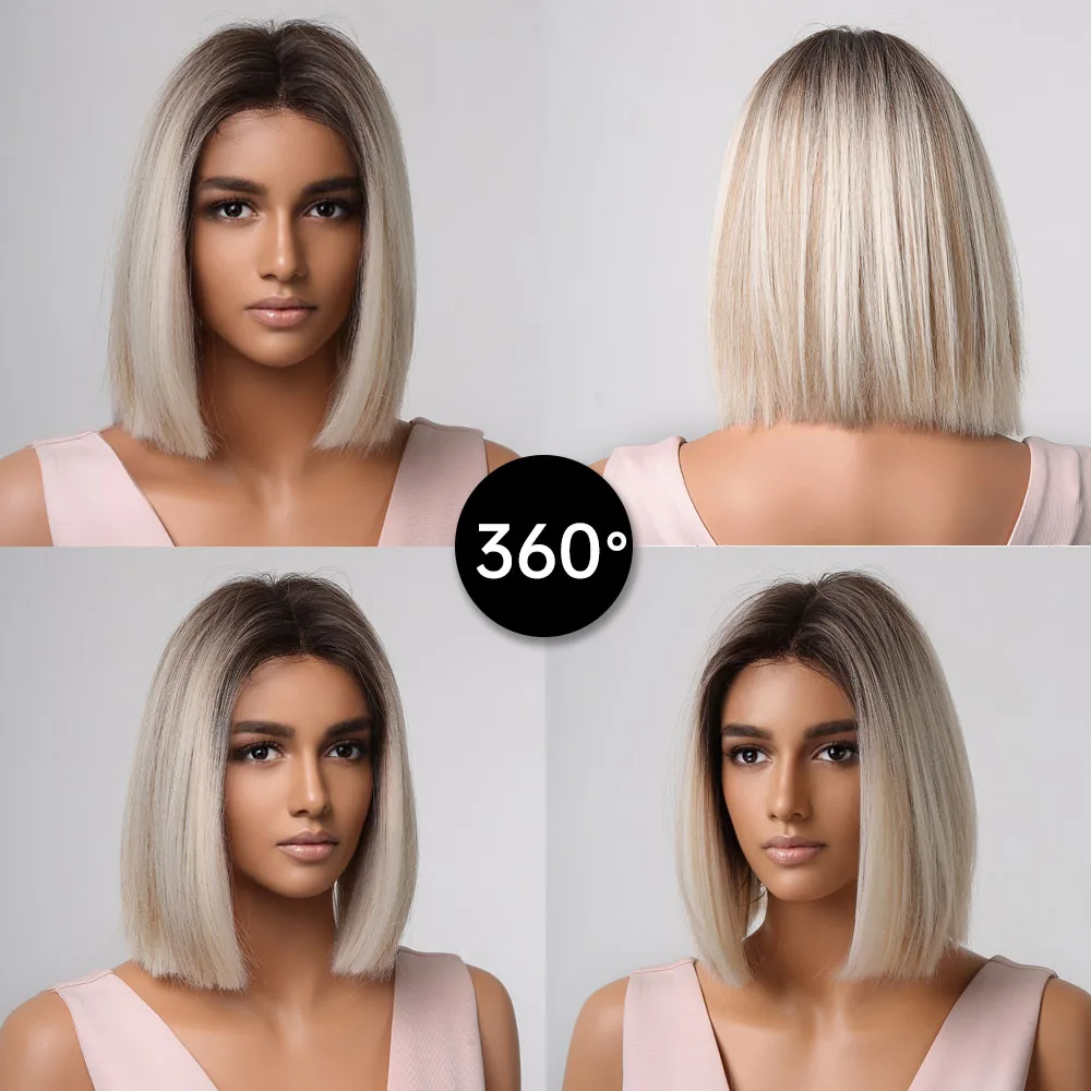 Ash Blonde Short Straight Bob Synthetic Wigs with Dark Roots Gray