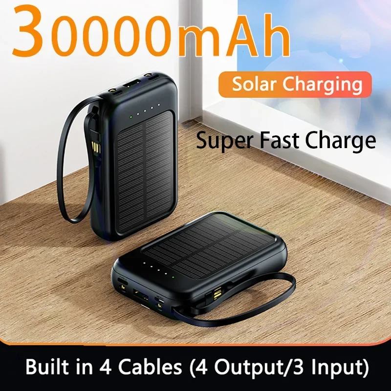 

30000 Mah Solar Thin Power Bank Portable Light Comes With Four-wire External Battery Daily Power Bank For Iphone Xiaomi Huawei