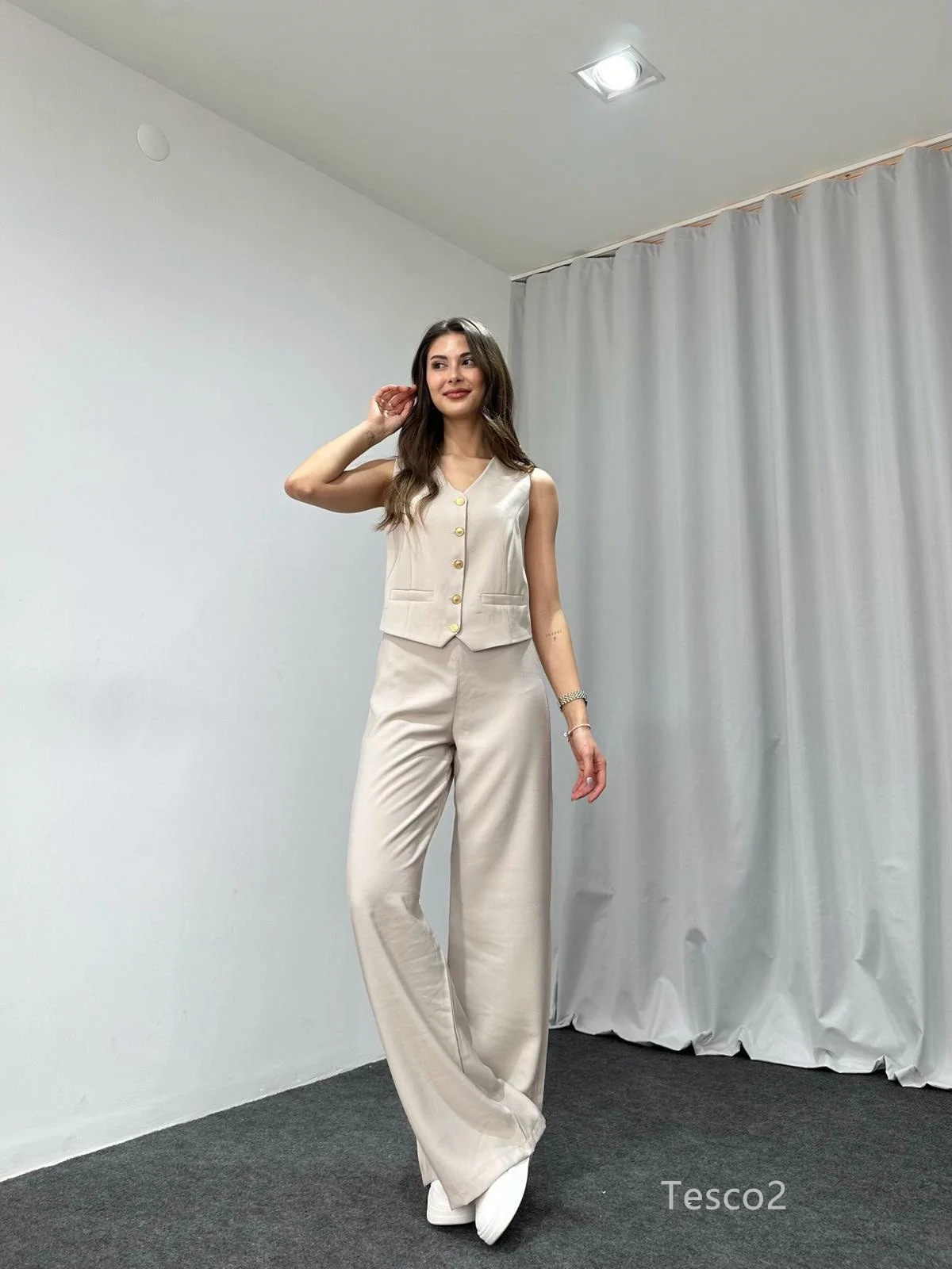 Tesco Spring Summer Women's Pants Sets Solid Sleeveless Vest High Waist Leg Pants 2 Piece Female Casual Outfits Office Sets