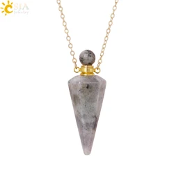Natural Stone Cone Perfume Bottle Necklace with Healing Clear Quartz Crystal Pendant and Essential Oil Diffuser (Spectrolite G)