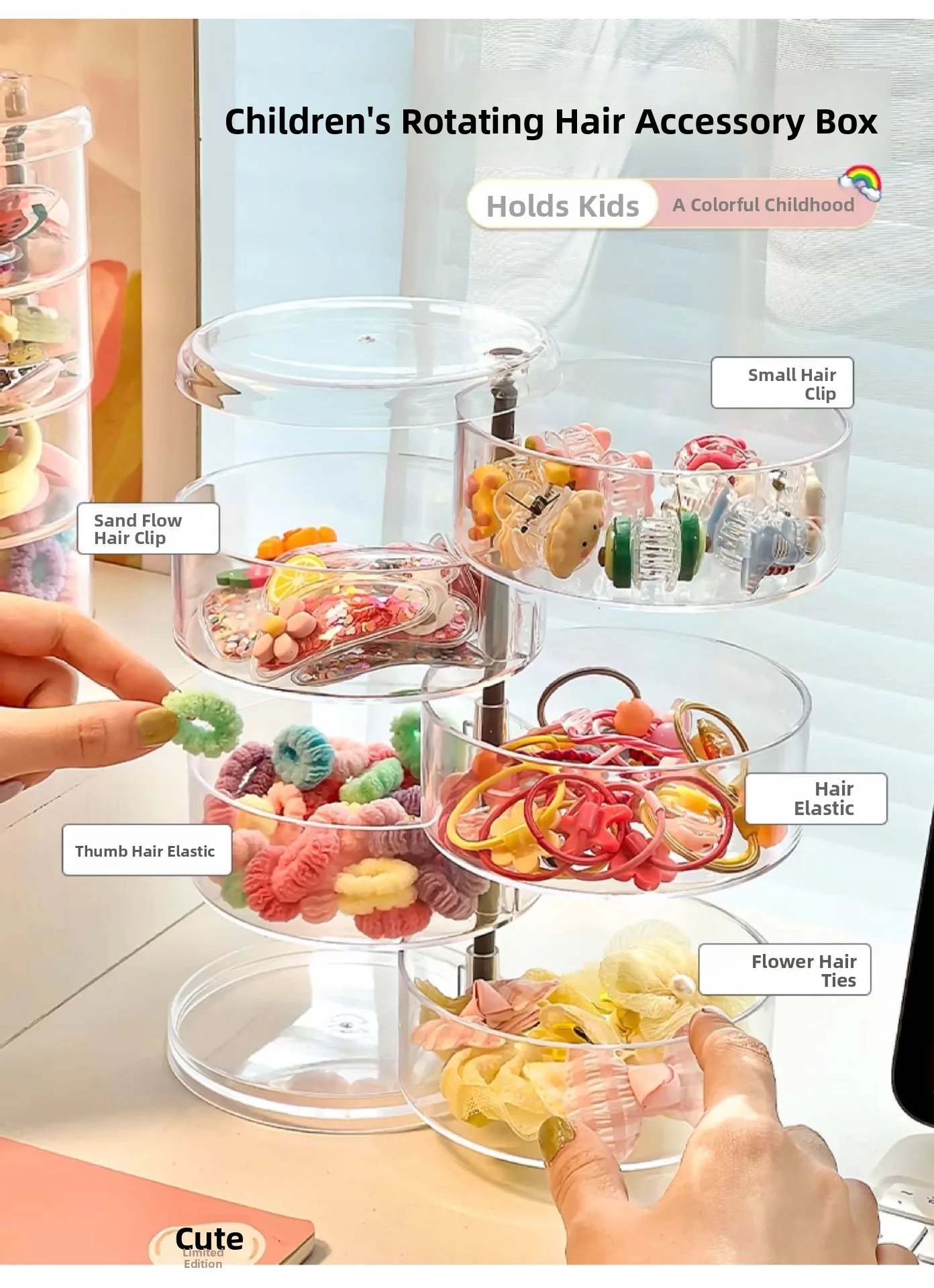 Acryl-Haarschmuck-Organizer-Box für elastische Haarbänder, Haarnadeln, Baby-Kopfschmuck, Aufbewahrungsbox, Kinder-Schmuckkästchen – Detail 1