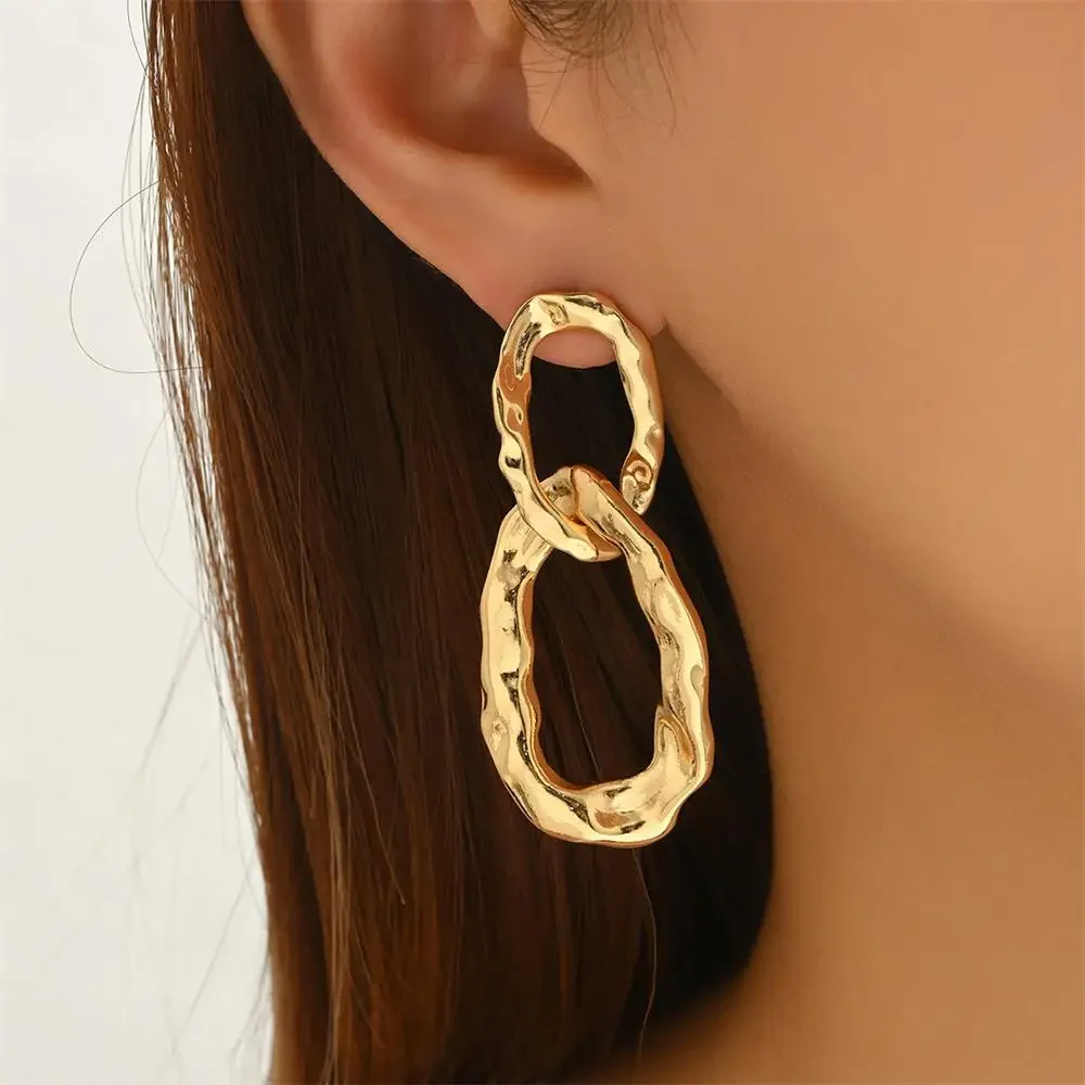 Vintage 18k Gold Plated Statement Dangly Circle Pierced Dangle Earrings Lava Textured Double Round Huggies Femal Jewellery Gifts
