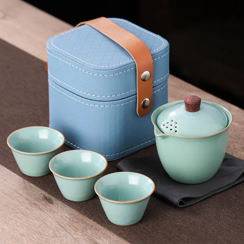 Ru Kiln Travel Tea Set Kuaike Cup Outdoor Portable Kung Fu Tea Set Business Souvenir Gift Ceramic Teaware Sets