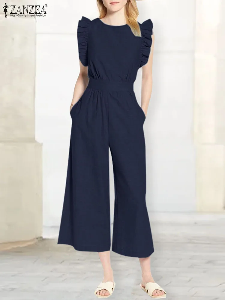 

2024 ZANZEA Summer Rompers Women Fashion Jumpsuits Overalls Elegant Loose Wide Leg Pants Casual Sleeveles Solid Work Playsuits