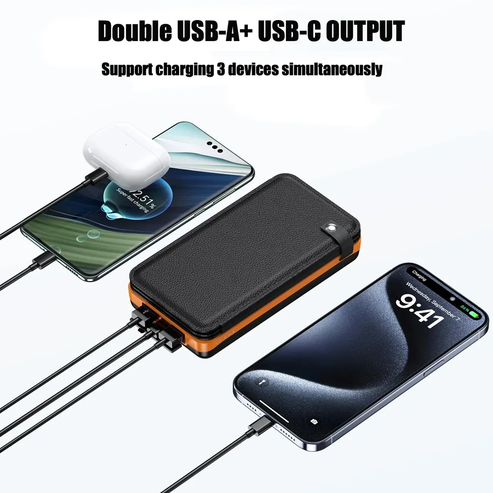 4개의 태양광 패널이 있는 파워 뱅크, 50000mAh 휴대용 태양광 외장 배터리, IOS 안드로이드 USB-A USB-C 호환 태양광 파워 뱅크