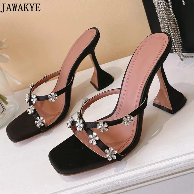 Sexy Cross Band Crystal  Flower Women Slippers Satin Square Toe Cup Heel Banquet Shoes Women Formal Dress Slides High Heels