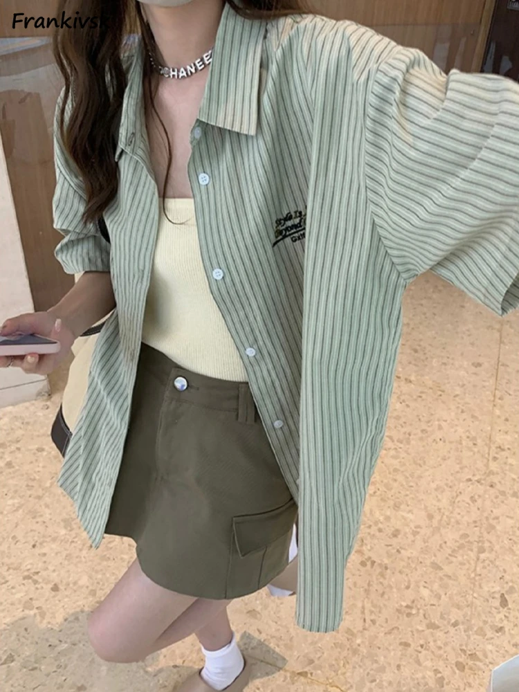 

Shirts Women New Sun-proof Summer All-match Korean Style High Street Youthful Popular Half Sleeve Aesthetic Striped Tops Daily