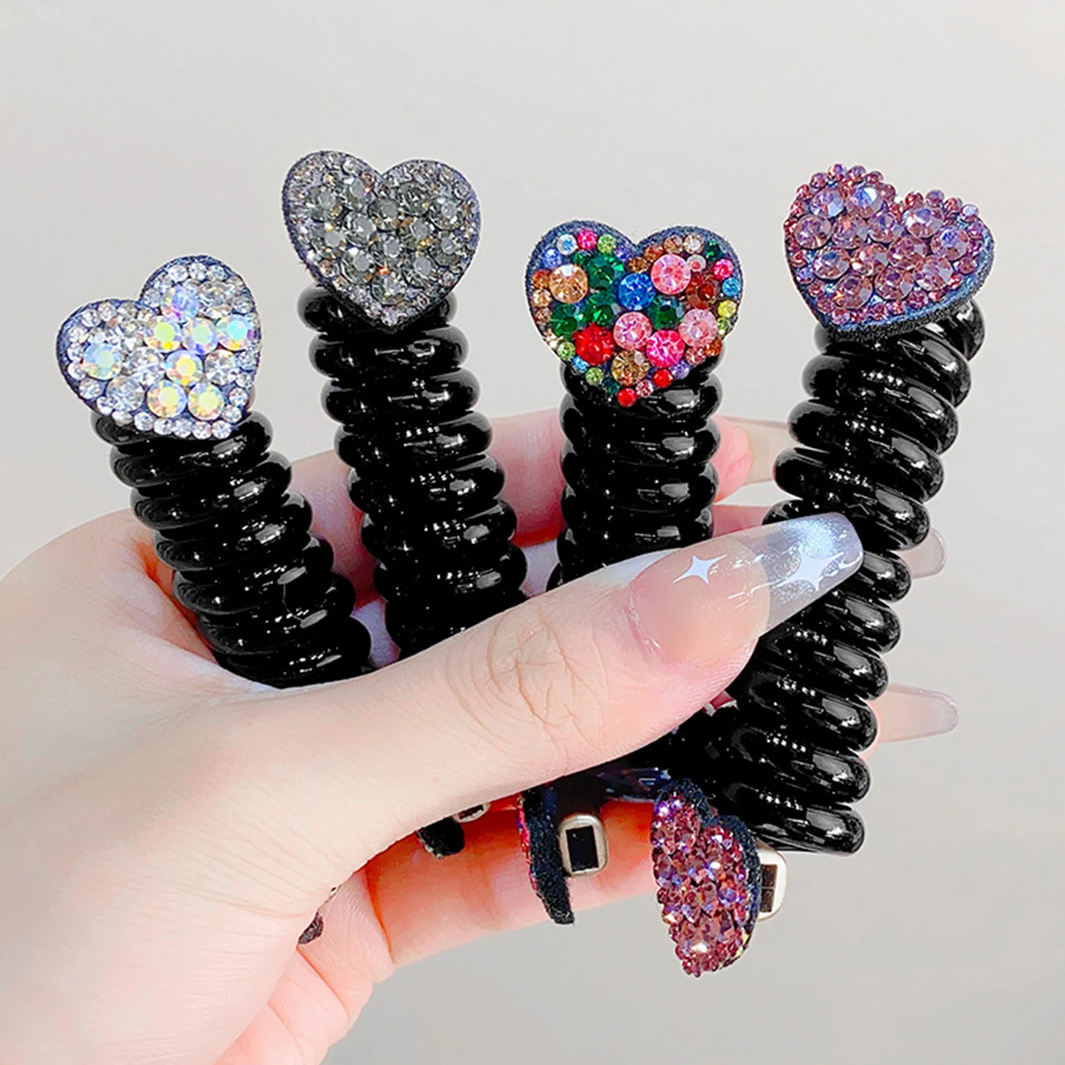 

Sweet Straight Telephone Line Rubber Hair Bands Ornaments Colorful Heart Flower Rhinestone Hair Scrunchies Hair Accessories