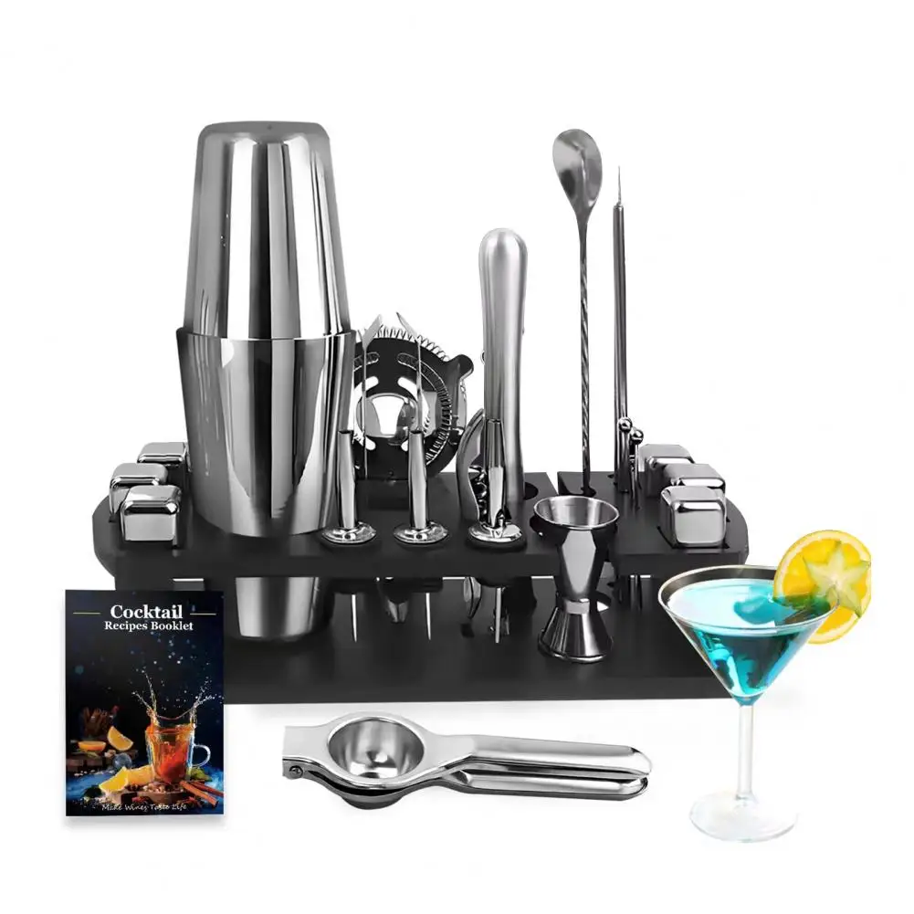 23Pcs Stainless Steel Cocktail Shaker Set with Stand for Drink Mixing Martini Shaker Jigger Strainer Mixer Spoon Tongs Opener