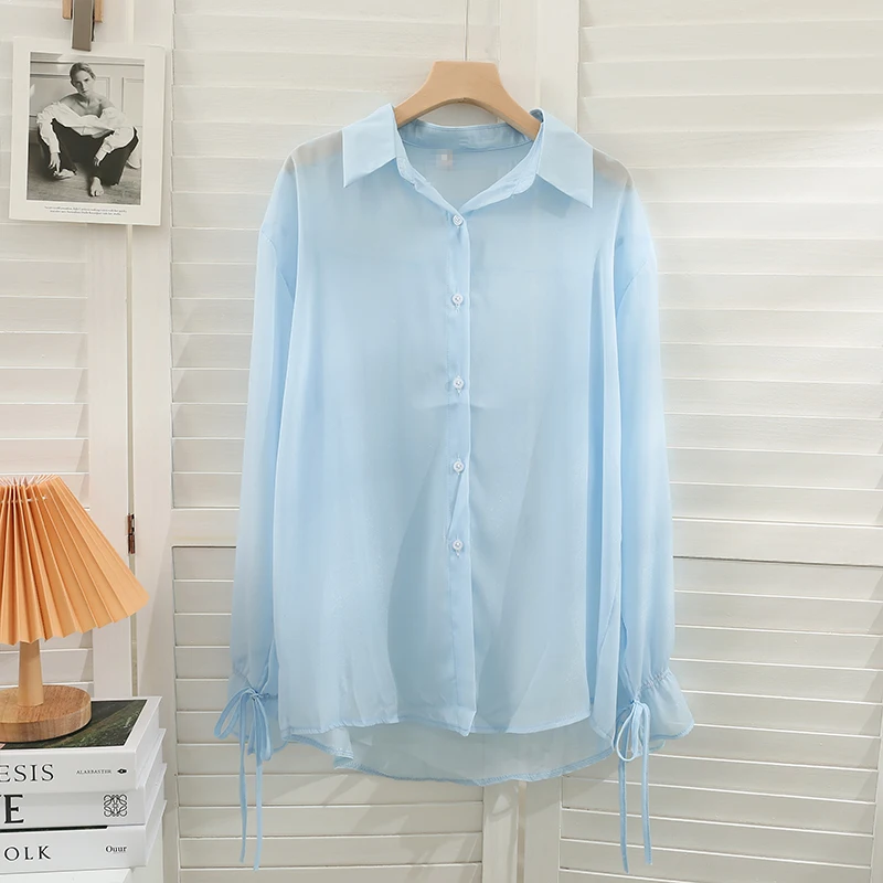 Pearl Diary Women Sheer Chiffon Shirts Summer Solid Color Casual Loose Beach Cover Up Shirts Buttons Front Chic Long Sleeve Top