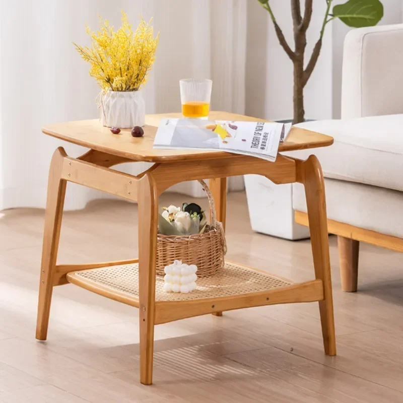 Simple Solid Wood And Bamboo Sofa Side Table Creative Modern Double-layer Storage Table Small Unit Side Cabinet Coffee