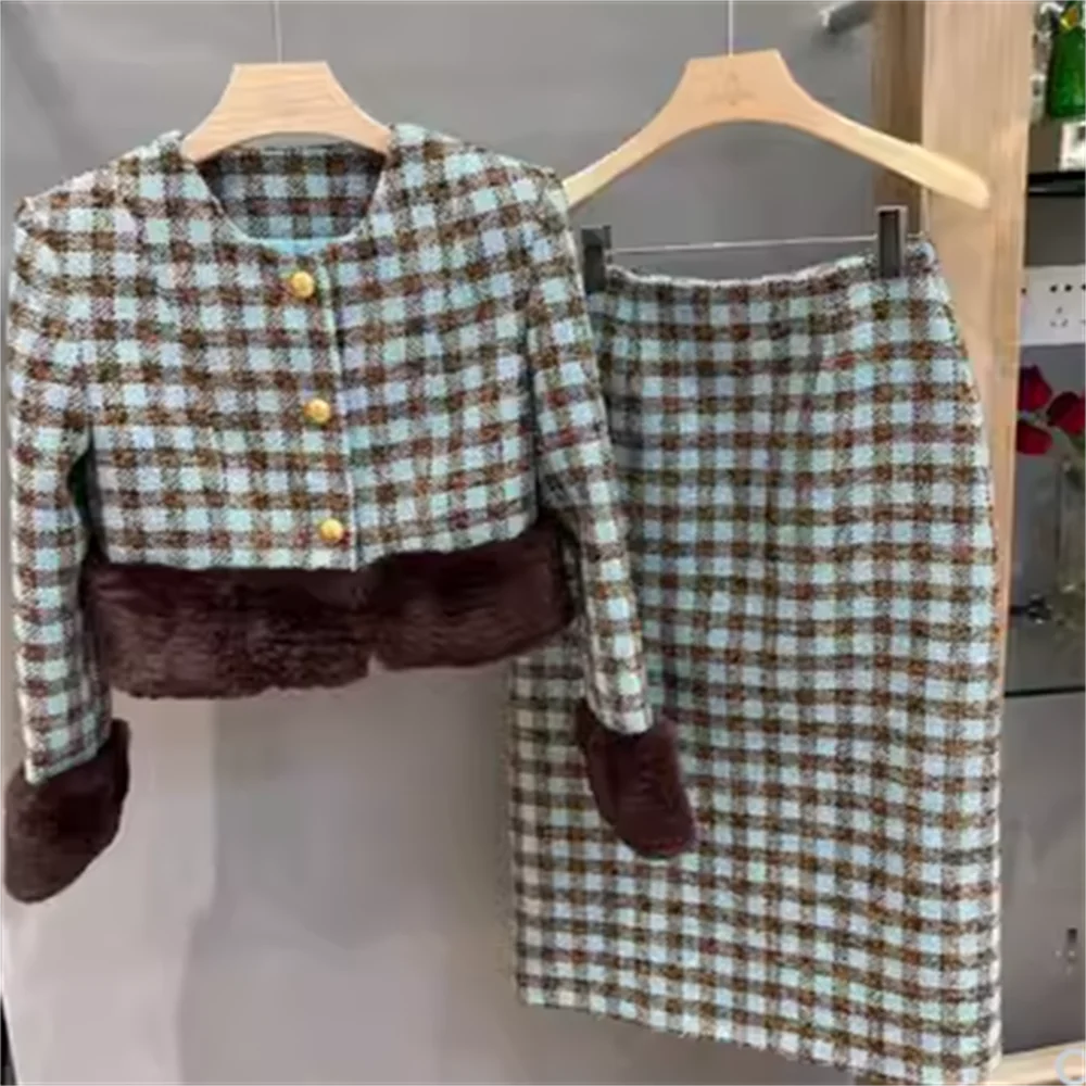 

Новый Зимний клетчатый тканый утепленный короткий пиджак + юбка-карандаш в стиле ретро