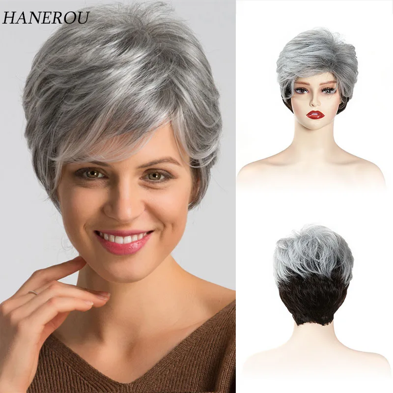 

Short Pixie Cut Synthetic Wig for Women Ombre Black Mixed White Wigs with Bangs Daily/Party Heat Resistant Hair