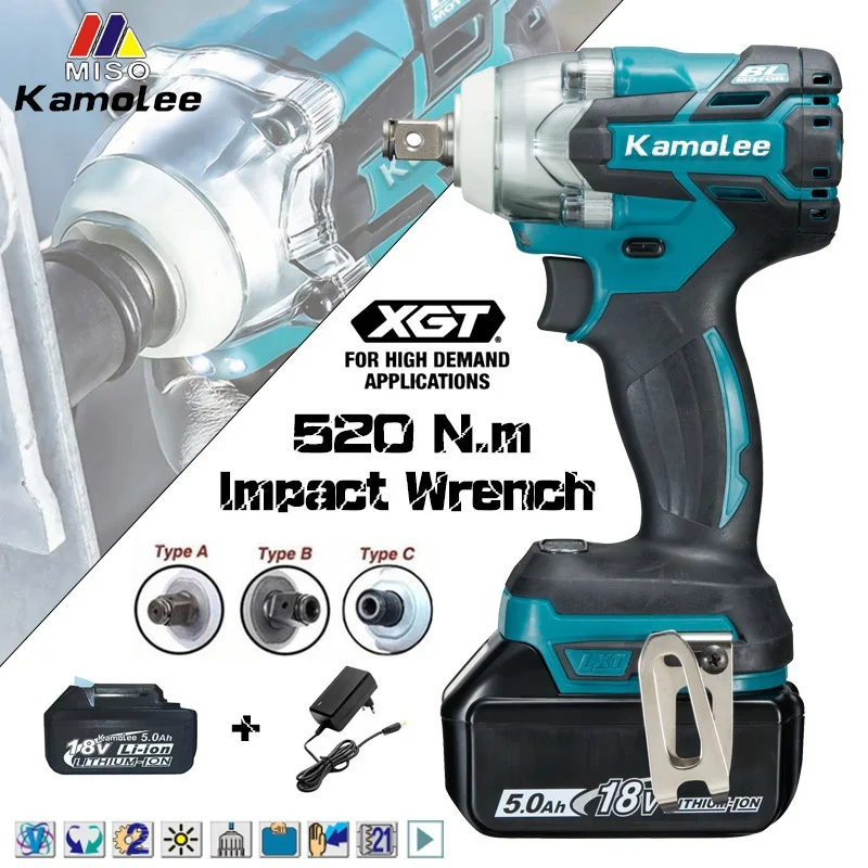 Kamolee 520N.M Chiave A Percussione Elettrica Senza Spazzole Ad Alta Coppia 1/2 E 1/4 Pollici Compatibile Con Batteria Makita 18V [Dtw285]