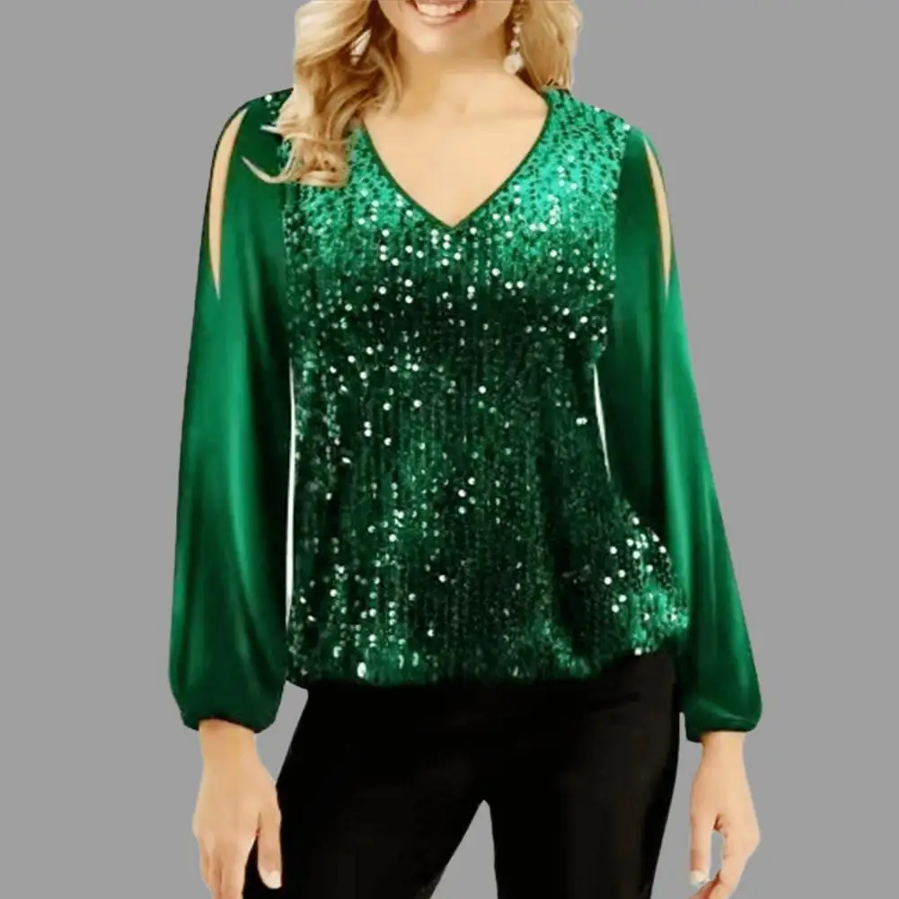 

Women Off-the-shoulder Top Elegant Sequin Lantern Sleeve Blouse for Women Stylish Hollow Out V Neck Top with Patchwork Detail