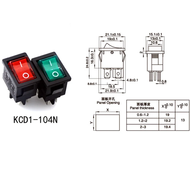  Interruptor de palanca, 1/4 piezas Mini interruptor basculante  KCD1, equipo eléctrico con potencia de iluminación, encendido/apagado,  59.882 in, 6A 250VAC/10A 125VAC, 4 pines, 2 interruptores de posición  (color: rojo, amarillo, azul