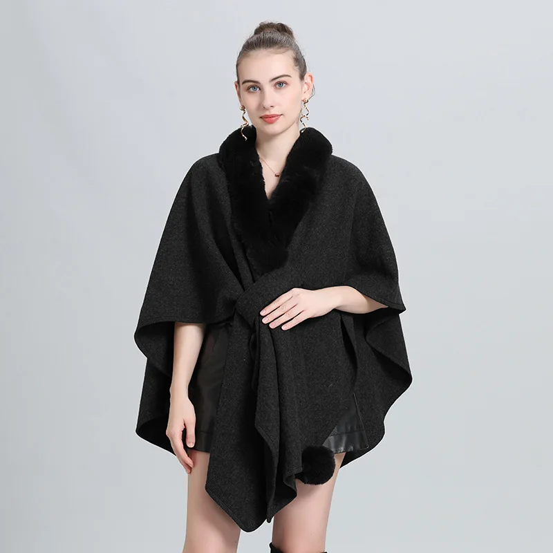 12 Colors Women Big Pendulum Faux Woolen Streetwear Cloak Winter Warm Shawl Cape Thick Fur Neck Criss-Cross Loose Poncho Coat
