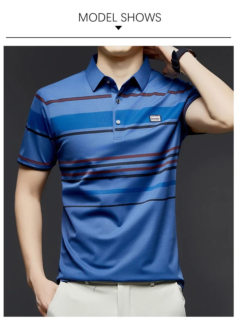 BROWON Brand 2025 Summer Shorts Polo Shirt Men Tshirt Luxury Wide Striped Lapel Collared Polo Shirt for Work Business Men 16 S1069082458d3420ba4c33724f584e626C