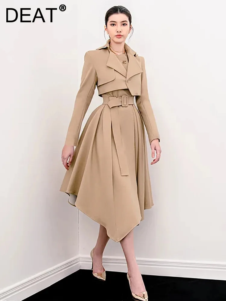 

DEAT 2024 Women's 2 Pcs Set Notched Collar Single Button Long Sleeve Short Coat High Irregular Dress Suit Autumn New 13DB3902