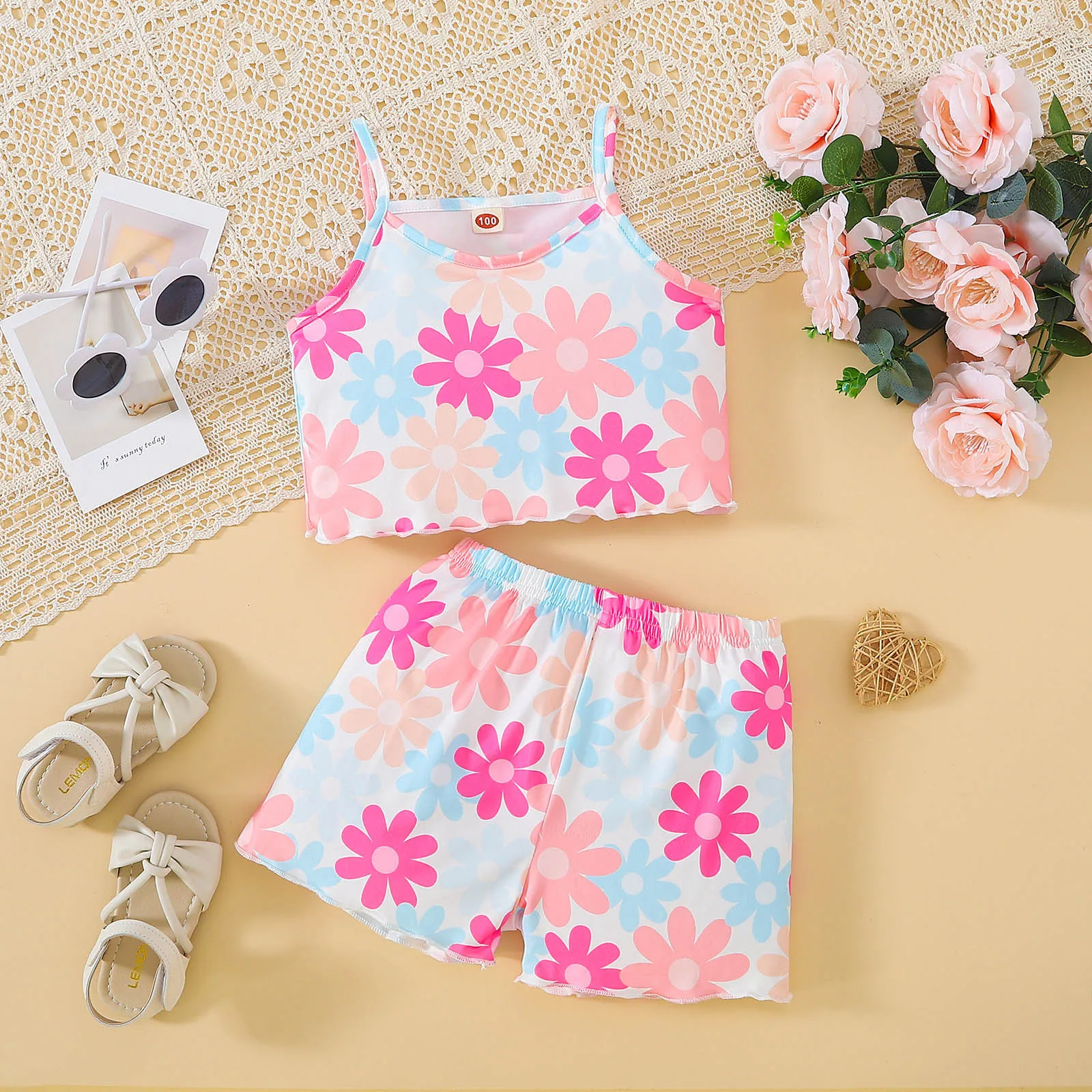 

Toddler Girls Summer Clothes Set Floral Print Sleeveless Camisole Top+Shorts 2Pcs Outfits Children Clothing Sets 1 2 3 4 5 Years