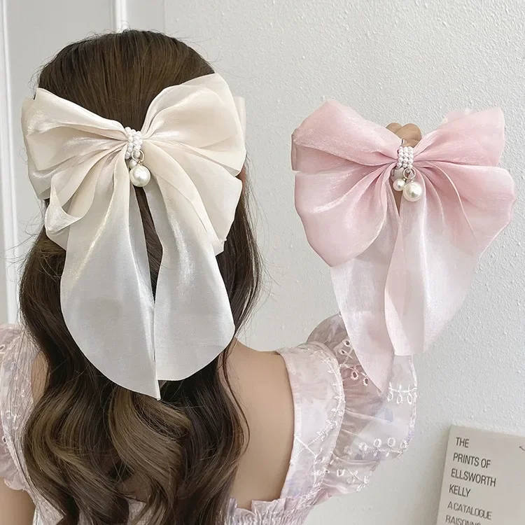 

New Women's Long Ribbon Bow Spring Clip Solid Color High Grade Pearl Sweet and Cute Duckbill Clip Spring/Summer Fashion Headwear