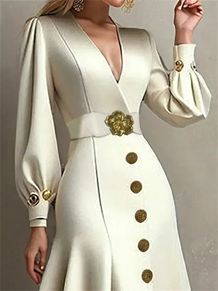 Women Evening Dress Belted V-Neck Pleated