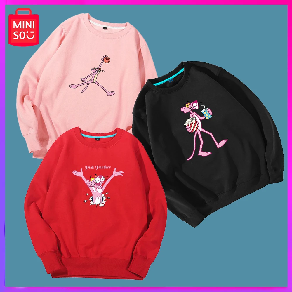 

Miniso Pink Panther Male and Female Couple Plus Fleece Hoodie Crew Neck Pink Teen Student Coat Loose Trend Soft and Comfortable