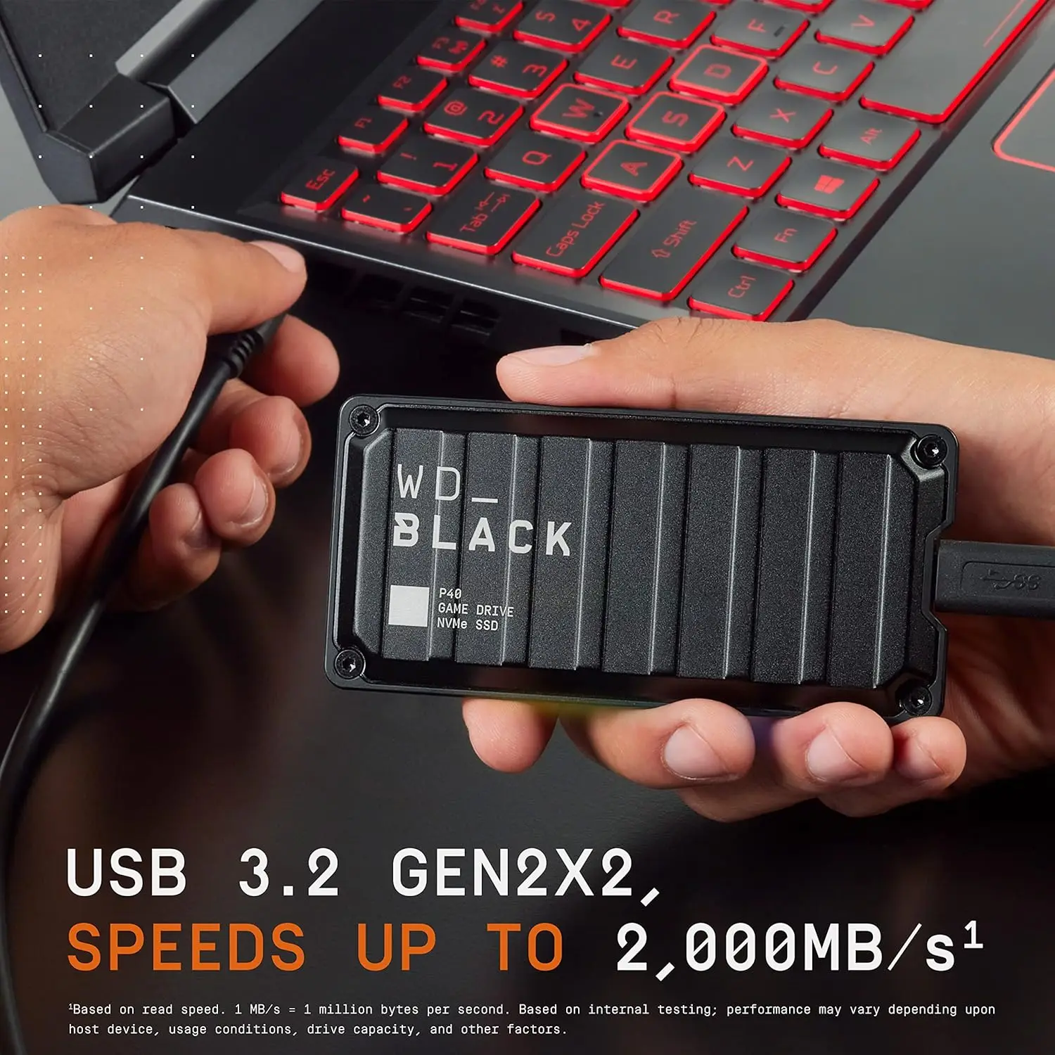 웨스턴 디지털 WD 1TB 2TB P40 게임 드라이브 SSD -500GB 최대 2,000MB/s, RGB 조명, 휴대용 외장형 솔리드 스테이트 드라이브