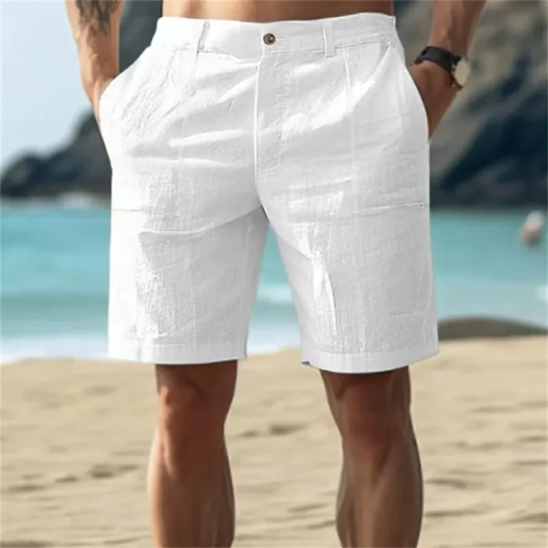 2025 Men's Solid Color Casual Short Pants Linen Beach Breathable Comfortable Straight Short Trousers Hawaiian Holiday Men'S Pant 2