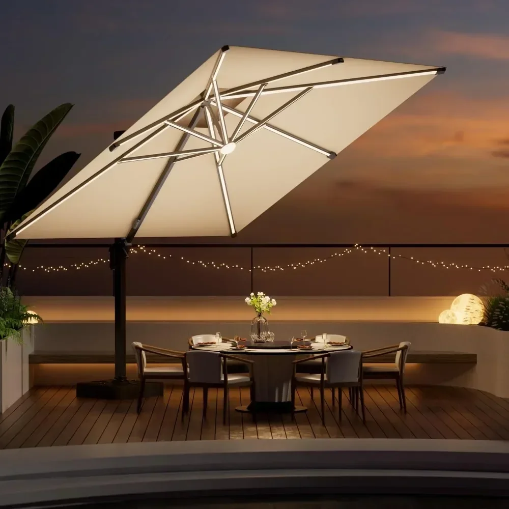10 FT Cantilever Outdoor Patio Umbrellas with Solar Powered Led Lights, Free-motion Track Tilt Large Rectangle Umbrella 3