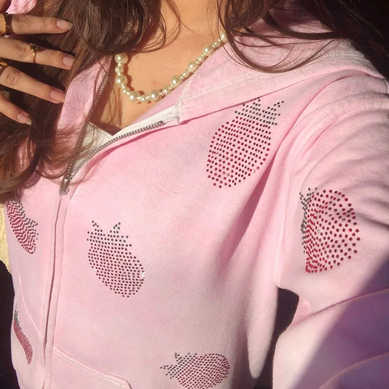 

Harajuku Oversized Women Y2k Zip Up Hoodie Sweatshirts 2023 New Strawberries Rhinestone Pink Bling Loose Hoodies Kawaii Clothes
