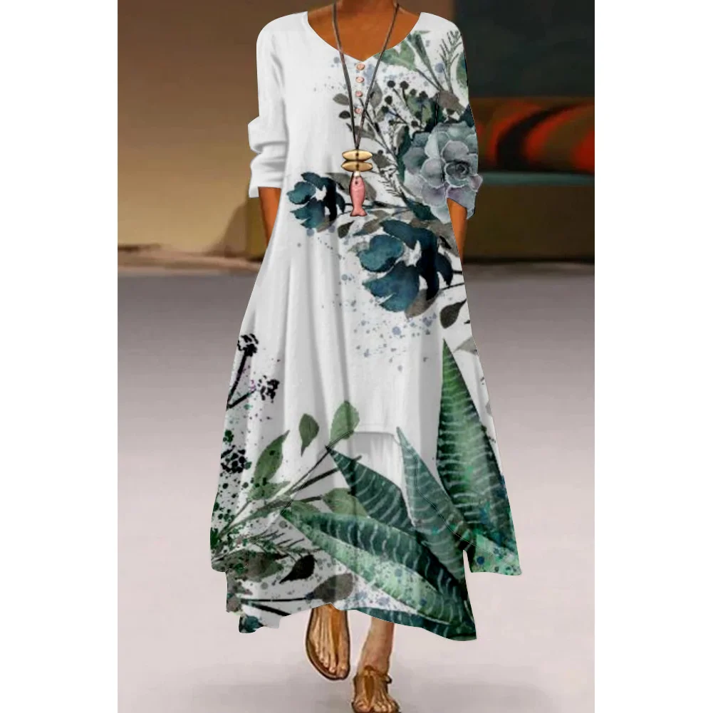 

Bohemian Midi Dress 3d Print Casual Vintage Women O-Neck Sexy Long-sleeve Night Party Clothes Loose Long Dress Vestidos