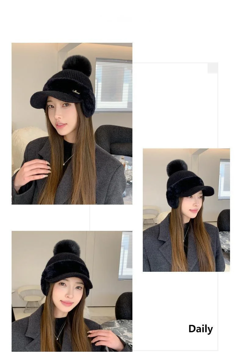 Nuovo berretto da baseball invernale in pelliccia di visone con protezione per le orecchie in pelliccia di coniglio per le donne, moda coreana, tinta unita, semplice cappello lavorato a maglia con palline di lana_voghion.com
