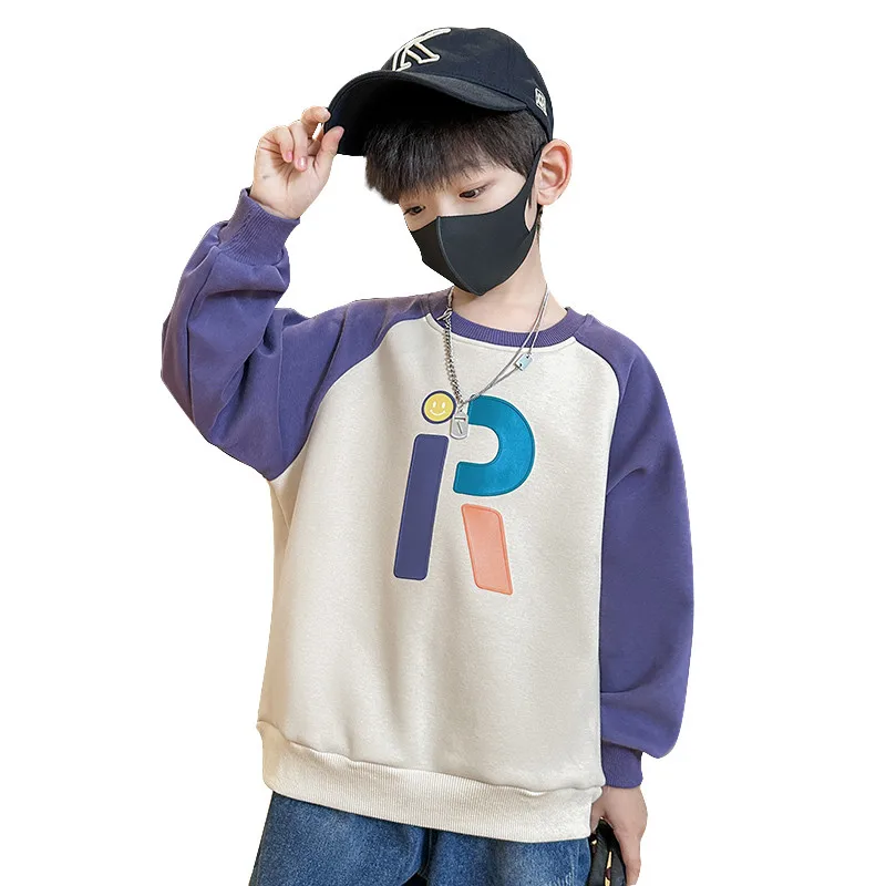 

R Letter Print School Boy Fashion Patchwork Sweatshirt For Teenage Kids Cotton Spring Clothing Children Luxury Garment Costume