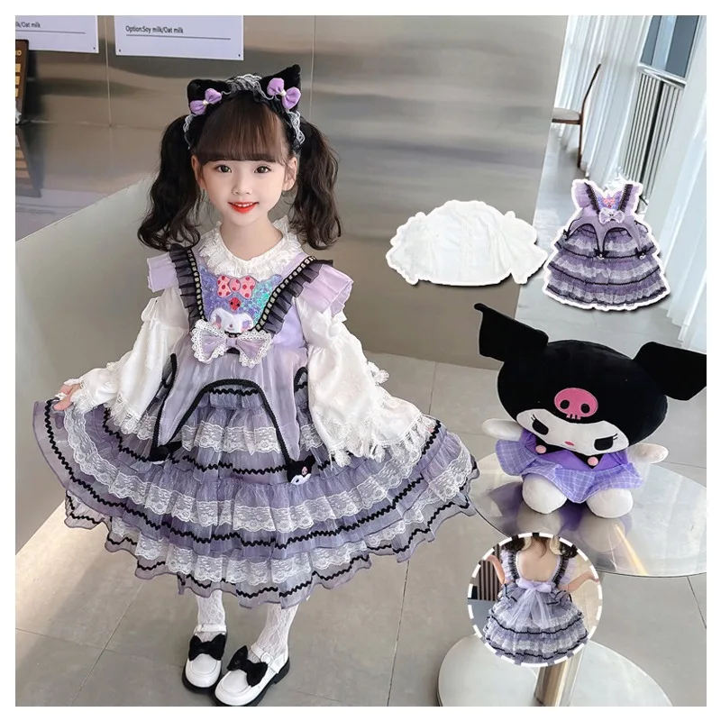 

Cartoon Sanrios Kuromi Sequin Printed Mesh Princess Dress Kawaii Long Sleeved Shirt Suspender Skirt Cute Party Dress Girl's Gift