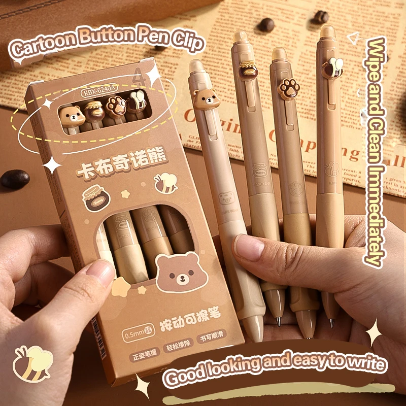 Erasable Neutral Pens 4PC Erasable Pen Neutral Pen Cartoon Sleeve Moyi Button Upright Posture Thermal Eraser High Aesthetic Value Press Protection