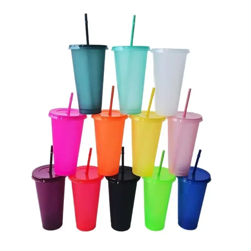 5pcs 710ml Reusable Plastic Straw Cup Large Capacity Leakproof Travel Tumbler for Coffee Smoothie Home Birthday Party Takeaway