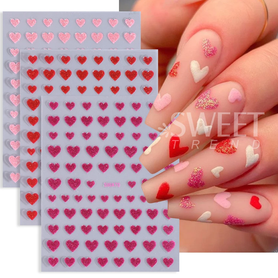 3pcs Glitter Love Heart 3D Nail Stickers Luxury Red Pink Love Nail Decals DIY Adhesive Slider Valentine Romantic Manicure Decor