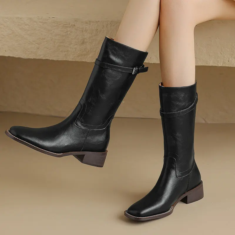 

Женские ботинки до середины икры, повседневные ботинки из натуральной кожи на толстом среднем каблуке, размеры 34-42, для осени и зимы, 2024