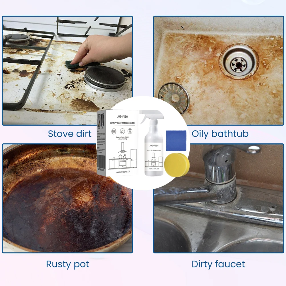 Heavy Oil Foam Cleaner Multipurpose Splash Spray Cleaner with Sponge & Cloth Degreaser Spray Kitchen Oven Grills 60ml