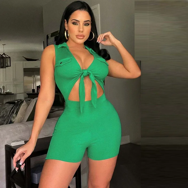 

WUHE Knitted Cut Out Bow V-neck Ribbed Sleeveless Women Romper 2024 Summer Street Active Chic Solid Shirt Playsuit Overalls