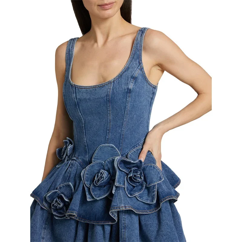 2025 New Lady Partyy Fashion Clothing Chic Summer 3d Floral Denim Mini Dress Vintage A Line Halter High Street  Jean Vesidos