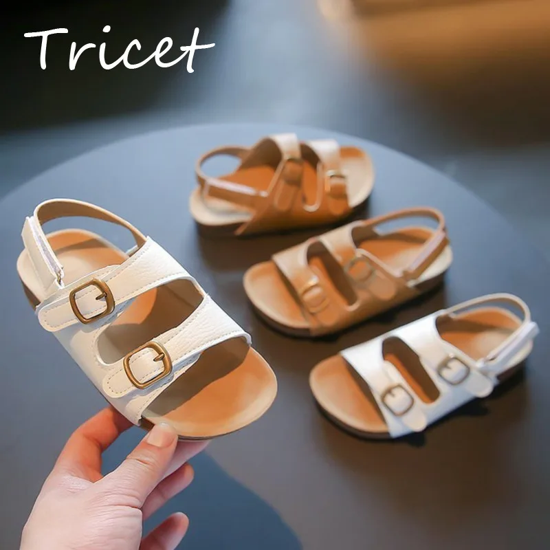 

New Buckle Children's Sandals Summer Solid PU Girls Boys Cork Beach Shoes Casual Soft Bottom Hook Loop Kids Sandals